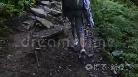 女旅行者穿过山林视频