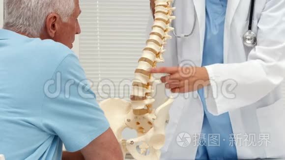 医生向病人解释脊柱模型