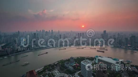 上海日落交通货物河湾屋顶全景4k时间流逝中国