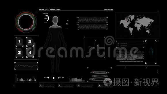 4K动画HUD头向上显示界面与女性线身体的健康护理和医疗未来技术概念