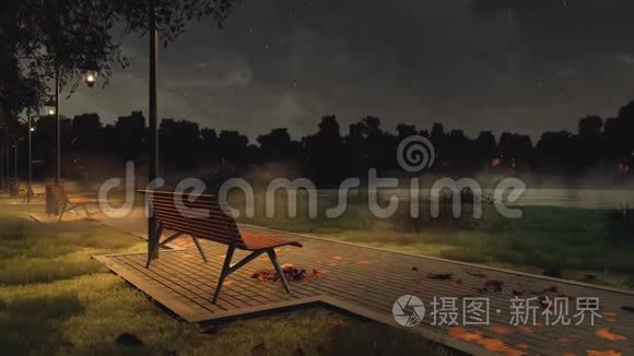 秋雨夜有长椅的公园步道视频
