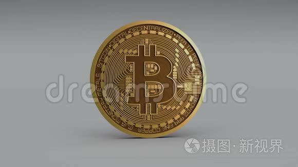 比特币Crypto货币标志3D旋转BTC硬币金融业务动画。