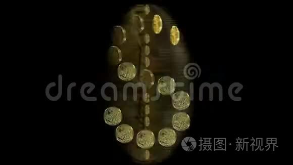 在一个大比特币硬币的背景下，22个小金币排列成一个美元符号的形式