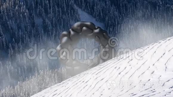 神秘的漂浮物，飞碟覆盖着雪域的风景.. 三维渲染，无缝循环动画。