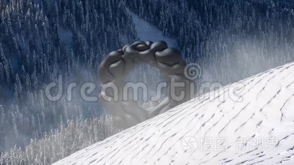 神秘的漂浮物，飞碟覆盖着雪域的风景.. 三维渲染，无缝循环动画。