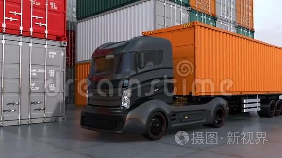 集装箱港口的黑色卡车视频