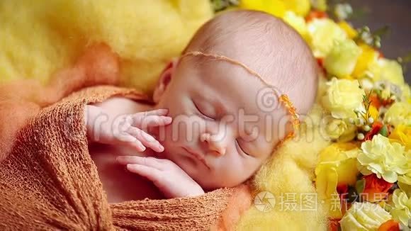 可爱的小新生婴儿睡在花丛里视频