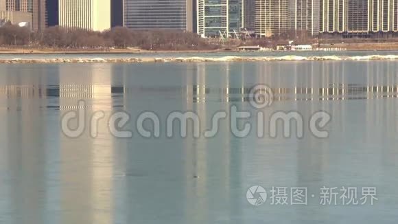 芝加哥的天际线在冰上反射