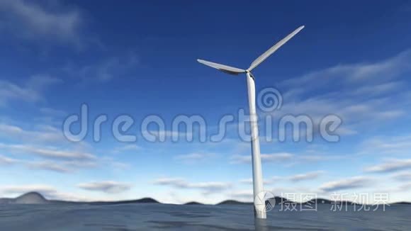 蓝天海洋中的动画风力涡轮机视频