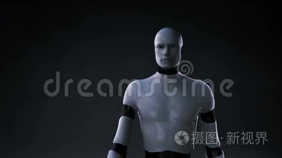 机器人触摸数字屏幕，人形，扫描脑在数字显示仪表板。 X光透视