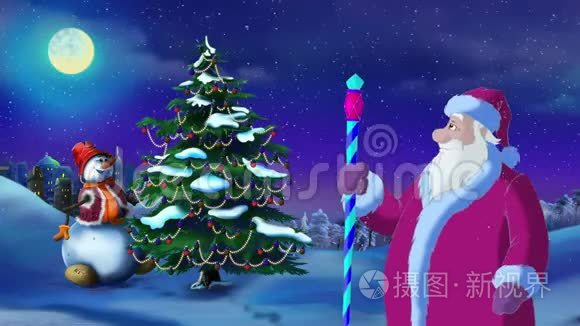 圣诞老人在圣诞前夜点亮一棵圣诞树