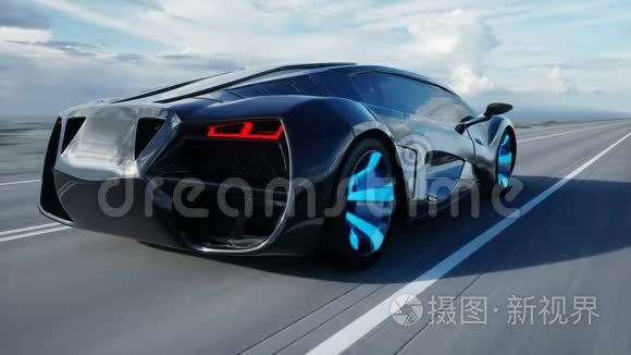 黑色未来派电动汽车在沙漠高速公路上。 开得很快。 未来的概念。 可循环使用。 录像。 现实