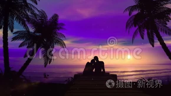 浪漫的情侣在海洋边迎接日落视频