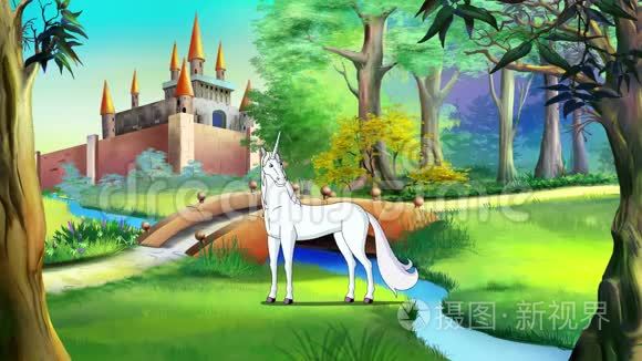 童话城堡附近的白色独角兽视频
