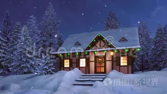 在雪夜装饰圣诞节的乡村房子视频