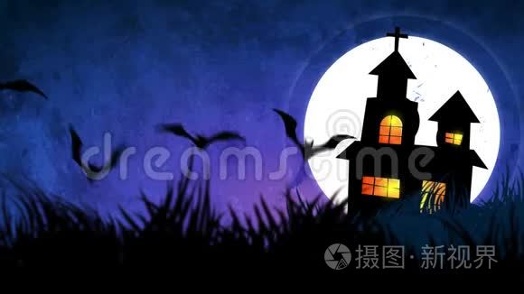 万圣节背景动画的概念，斯波基南瓜，月亮和蝙蝠和鬼城堡。