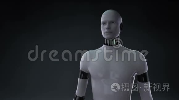 机器人半机器人打开手掌，缩放女性身体扫描子宫，蓝色X射线图像。