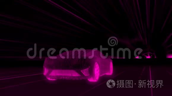 一辆现代跑车通过一条抽象的紫外线隧道快速行驶。 紫外线动画