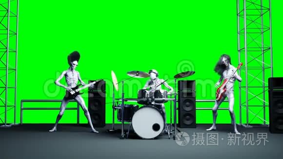 有趣的外星摇滚乐队。 低音，鼓，吉他。 现实运动和皮肤着色器。 4K绿屏镜头..