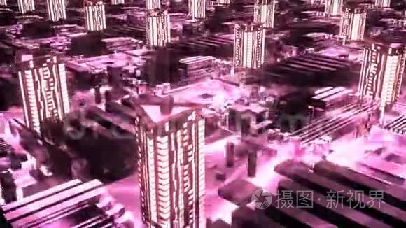 控制论未来派霓虹灯城。 三维建筑，科技风格的摩天大楼。