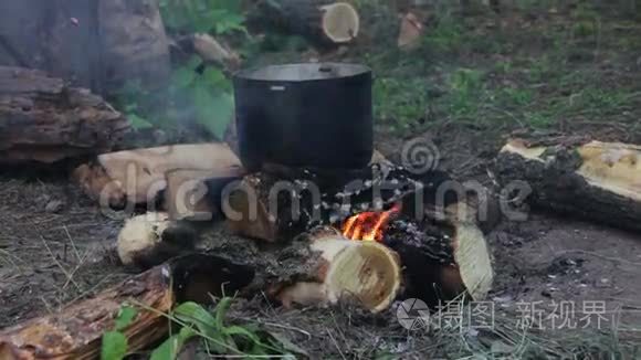 在旅游营地篝火旁烹饪食物视频