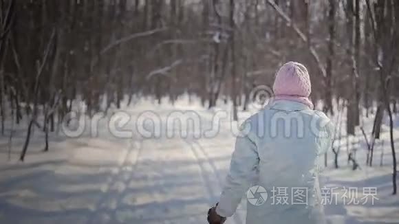 女人在大自然中独自越野滑雪视频