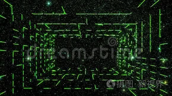 带有星际运动背景的绿色霓虹灯网格室环境
