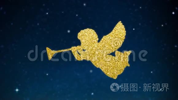 圣诞闪耀的天使轮廓与喇叭用金色的灯光. 繁星点点的夜空,发光的星星.