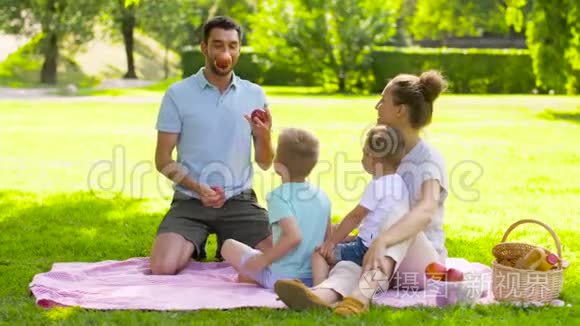 快乐的一家人在夏日公园野餐视频