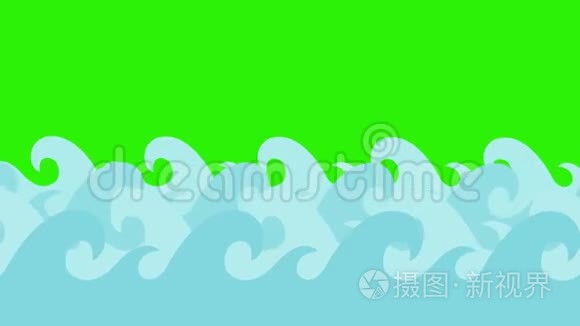 卡通海豚在绿色屏幕上的海浪中跳跃