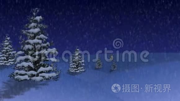 雪山上的圣诞和新年树。 卡通风格
