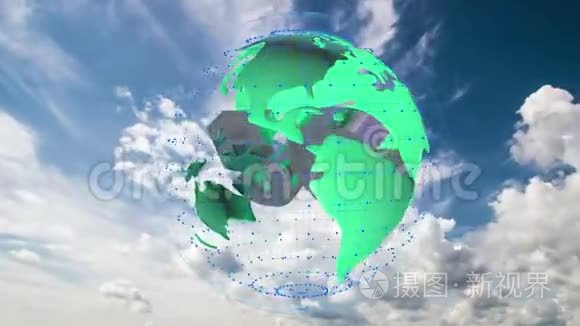 5g符号在地球模型内旋转，背景是云天延时，视频循环，阿尔法