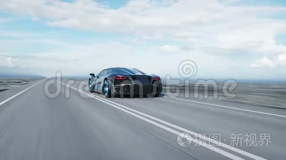 黑色未来派电动汽车在沙漠高速公路上。 开得很快。 未来的概念。 现实的4k动画。
