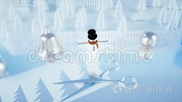 纸城在桌子上。 新年快乐，圣诞节概念。 雪人和礼物。 逼真的4K动画。