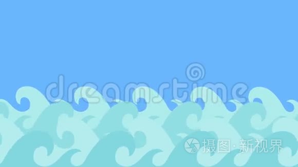 卡通海豚在蓝天上的海浪中跳跃