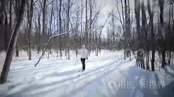 女人在大自然中独自越野滑雪视频