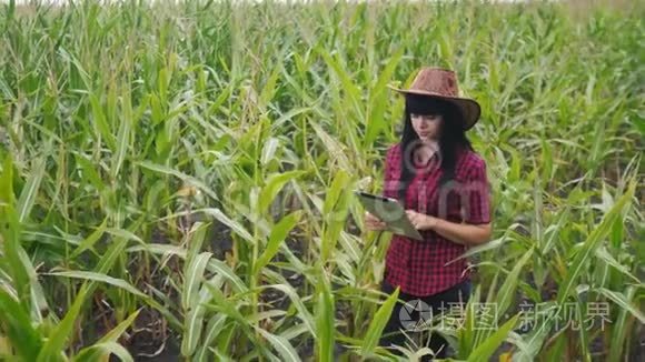 智慧生态农业养殖理念.. 农民女孩植物研究员一个用途，触摸平板电脑的生活方式，同时检查