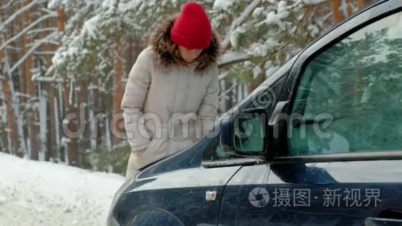 冬天有辆草车在路上的女人视频