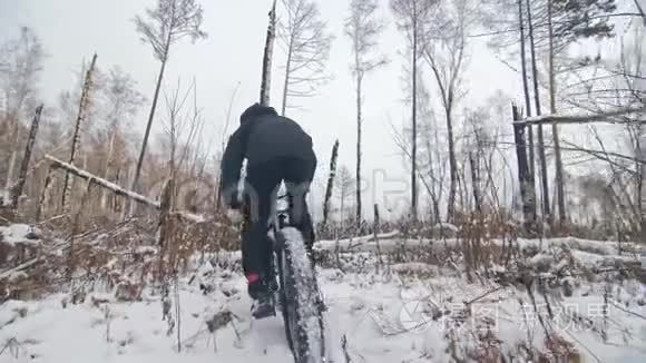 专业的极限运动员骑自行车在户外骑胖自行车。 后轮的近距离观察。 冬天骑自行车