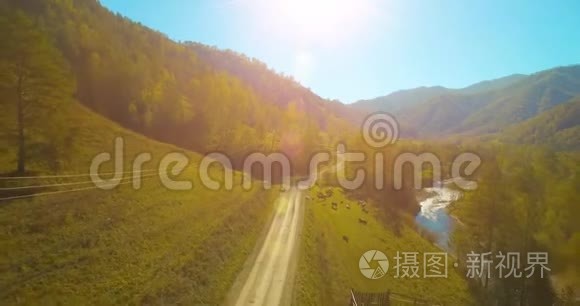 在阳光明媚的夏季早晨，低空飞行在带岩石的新鲜快山河上。