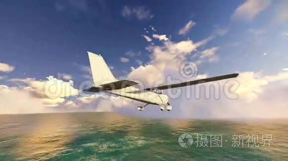 小飞机飞过海面的镜头视频