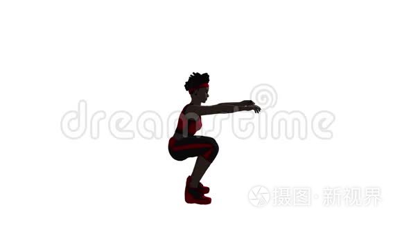 卡通阴影3d动画的非裔美国妇女做空气蹲。