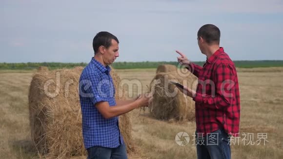 团队农业智慧农业理念.. 两个男子农民工人在生活方式的干草堆上研究数字领域