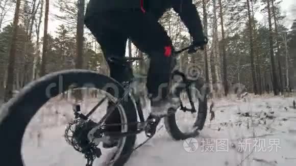 专业的极限运动员骑自行车在户外骑胖自行车。 后轮的近距离观察。 冬天骑自行车