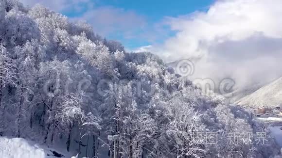 俄罗斯索契高罗德高加索山脉的空中景观。 树木和岩石覆盖着雪。