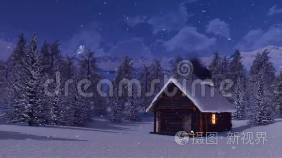 雪夜的雪山小屋视频