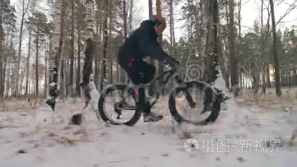 专业的极限运动员骑自行车在户外骑胖自行车。 后轮的近距离观察。 冬天骑自行车
