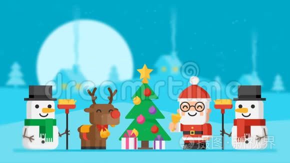 概念圣诞老人、驯鹿、雪人和圣诞树