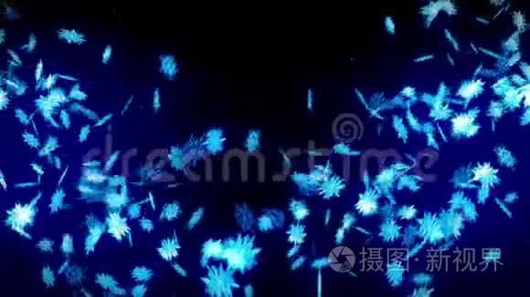 冬雪晶莹落下.. 蓝色背景上美丽的雪效果。 圣诞节。 CG雪花循环动画.