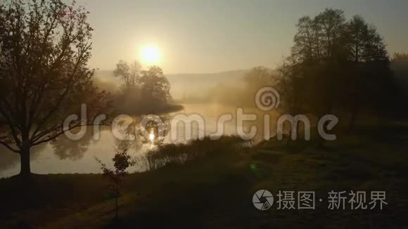 秋天美丽的雾湖空中景色，有橙色和黄色的叶子